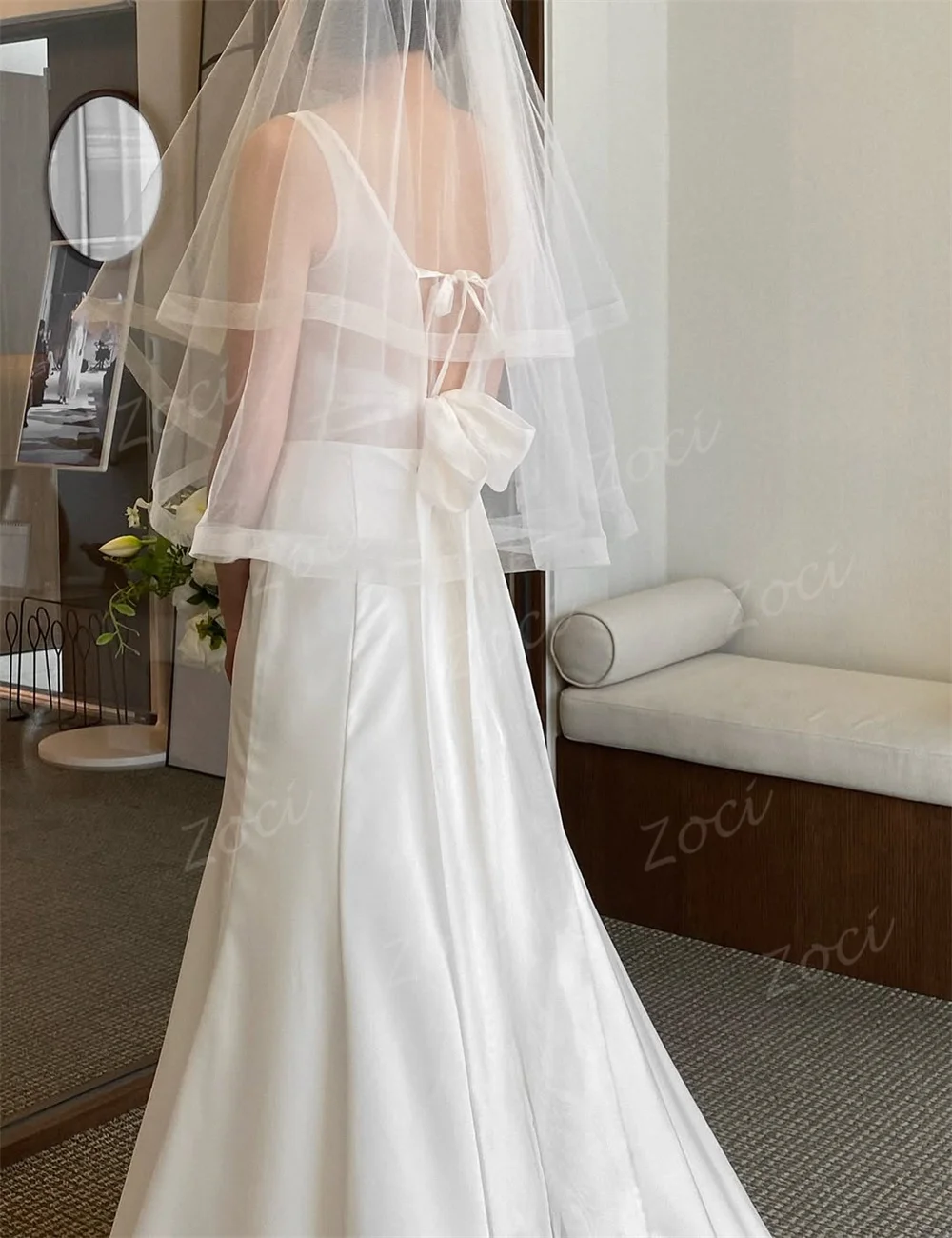 Zoci Illusion Scoop Korea Wedding Dresses Satin A Line Sheath Sleeveless Bride Dress Photos Shoot Customized Women Wedding Gown