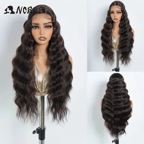 Imagen 2 del producto Peluca de Encaje Sintético Noble de 28 Pulgadas, Color Marrón Oscuro, Ondulada, con Parte de Encaje, para Mujer, Peluca de Encaje Marrón de Alta Calidad