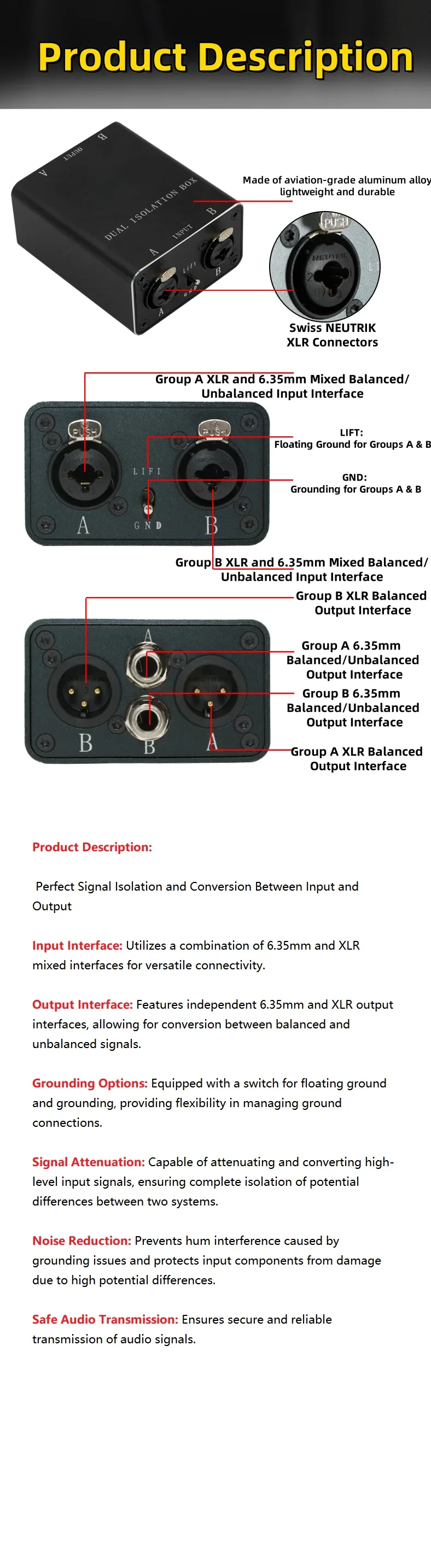 Professional Audio & Video Connectors Cannon Audio Isolator for Eliminating Acoustic Noise and Current Noise Removal