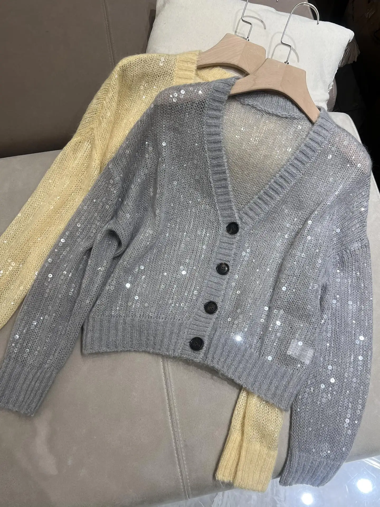 2024 Early Autumn New High Quality FashionSequin Mohair Knitted Cardigan Women