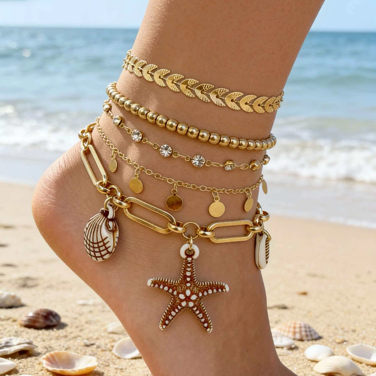 Docona Bohemian Starfish Tortoise Anklet for Women Men Summer Conch Shell Foot Chain Summer Beach Jewelry