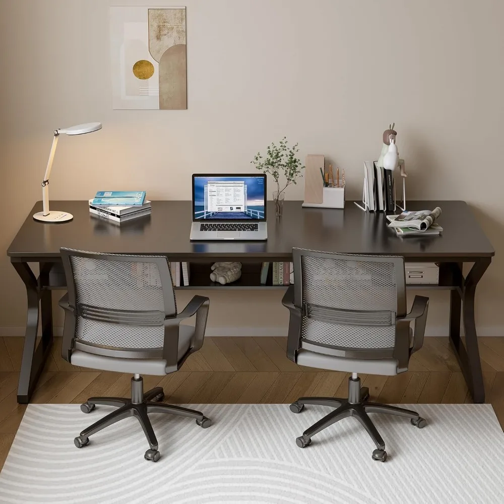Elegant Dual-Person Study Desk with Built-in Bookshelf, Contemporary Home Office Computer Workstation