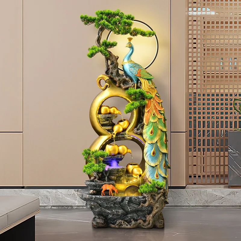 New Chinese-style flowing water landscape creative elegance peacock living room entrance club floor ornament opening set