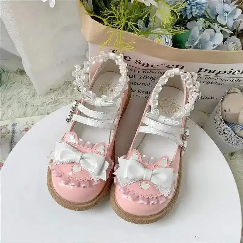 Buty damskie z okrągłym noskiem gotyckie niebieskie Mary Jane słodkie Kawaii styl japoński Lolita damskie płaskie wiosenne modne koreańskie