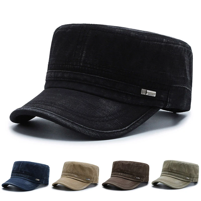 Tampão militar Mens Retro Cap Algodão Lavado Cap Flat Cap Chapéu Neutro Temperamento Elegante Simplicidade Velho Cap Vintage Universal