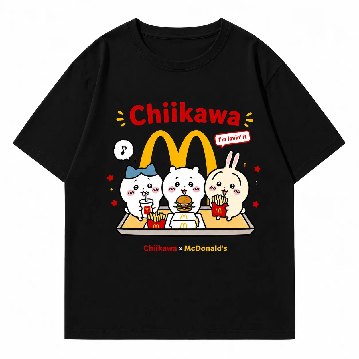 Kawaii Cute Aesthetic Chiikawa McDonald's Collab Burger Fries Print Cotton Breathable Men Women Universal Crew Neck T-Shirt