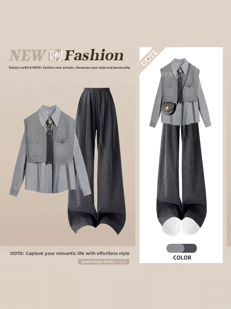 

Retro ey Knitted Vest Loose irt Top Spring High Waist Wide Leg Casual Pants Tee Piece Set Women's Faion Ensemble