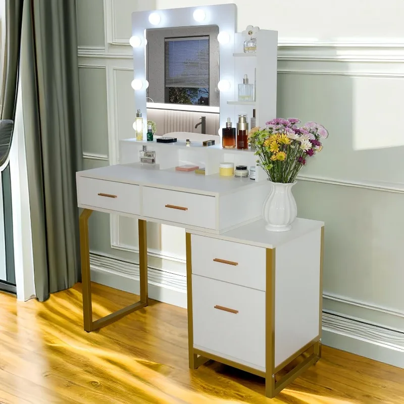 Table de Maquillage Blanche avec Miroir et Lumières, Commode 8 LED, 4 Broches de Rangement