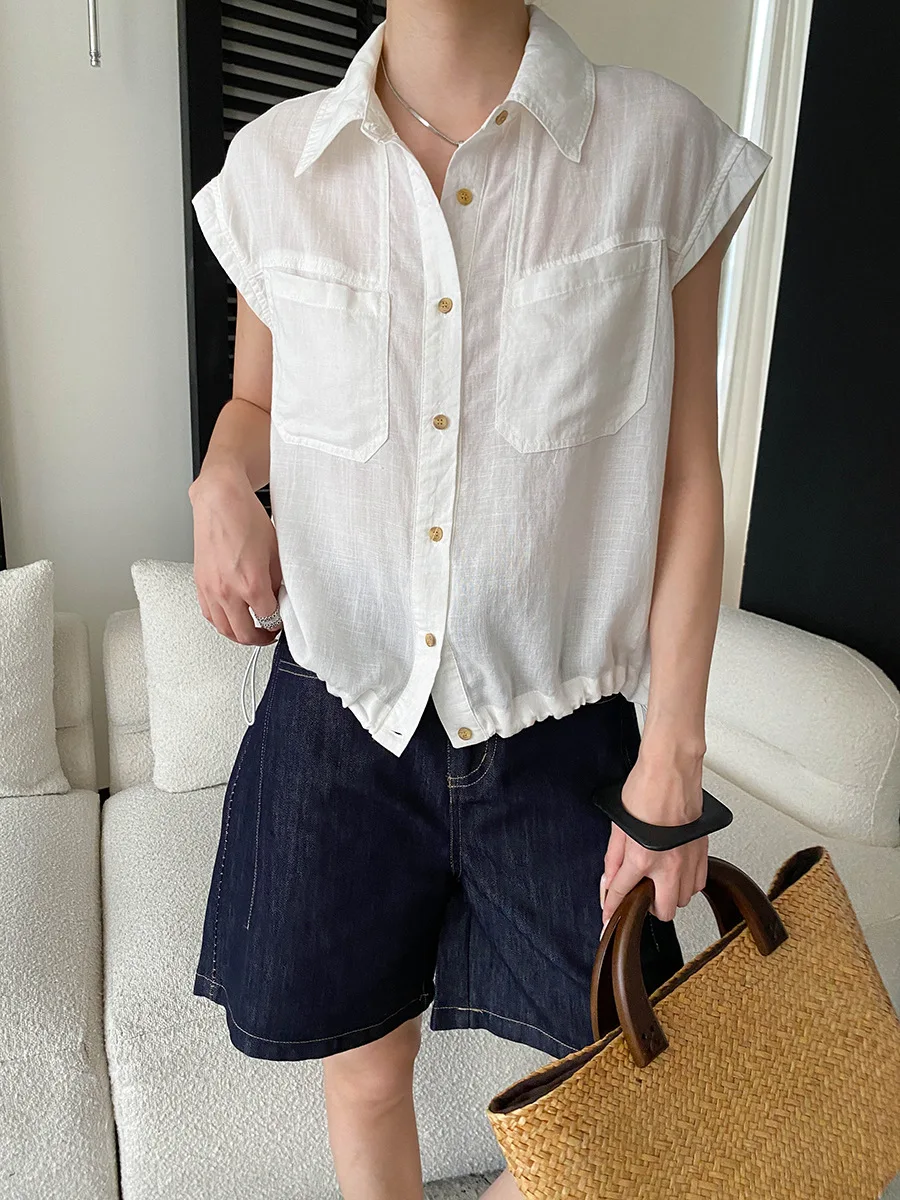 

Summer women's casual solid color lapel double pocket loose small fly sleeve shirt
