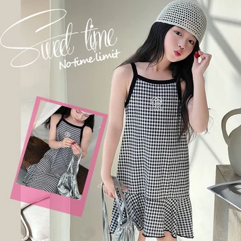 Girls Summer Cotton Dress 4 Girls' Summer Cotton Dresses Children's Fashion Dresses Thin Girls' Halter Dresses Children's Flower Dresses Dot Dresses Plaid D 4
