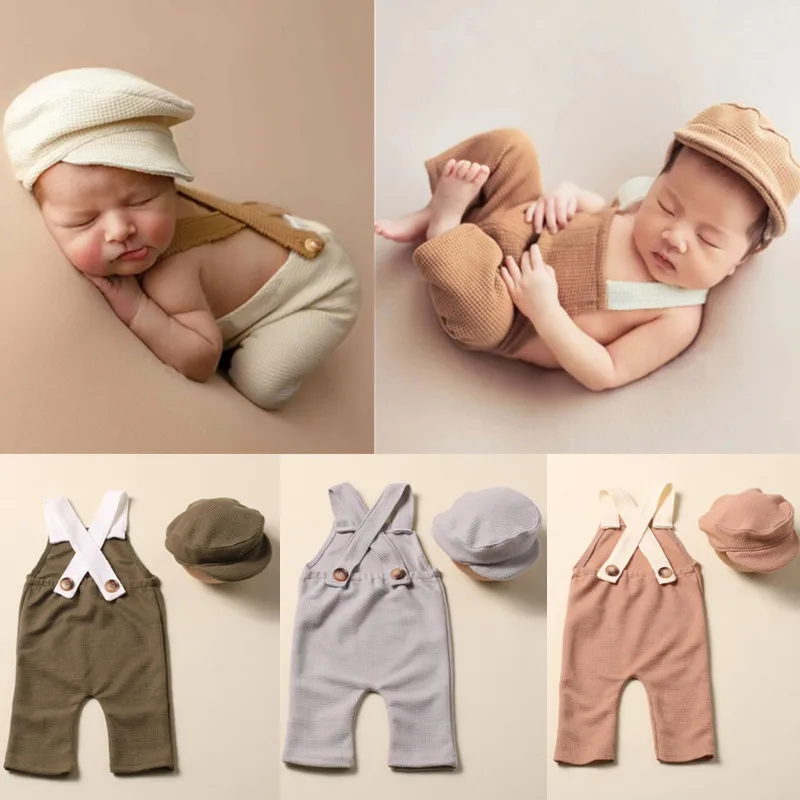 

Baby Suspender Pants+Beret Hat Set for Newborn Photography Props Clothes Gentleman Vintage Long Pants Bonnet Photo Posing Outfit