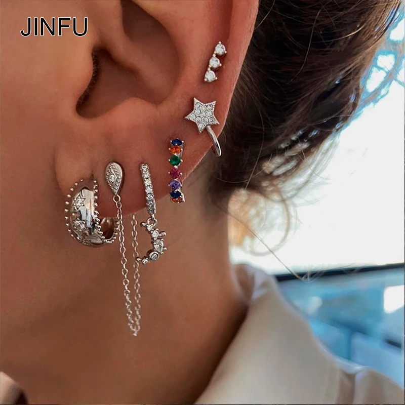 JINFU Boho Earrings Set For Women Copper Gold Plated CZ Zircon Piercing Women's Stud Clip Dangle Earrings 2023 Jewelry Wholesale