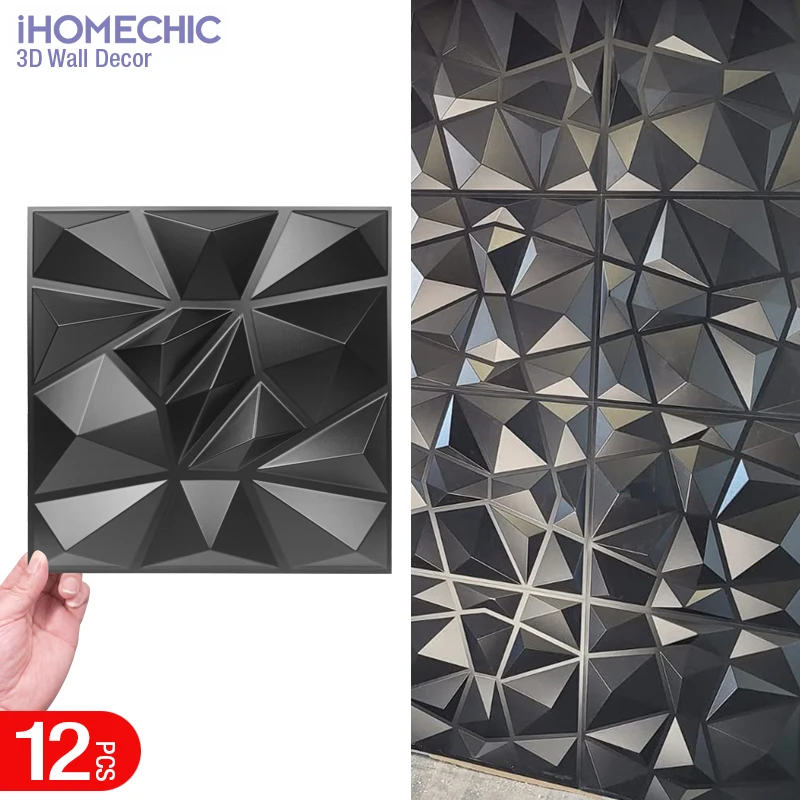 12pcs 30x30cm Super 3D Art Wall Panel PVC Waterproof 3D Wall Sticker Decor Tiles Diamond Design DIY Home Decor 11.81'' X 11.81''