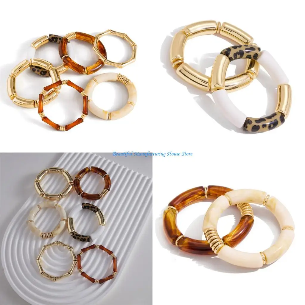 

E56A Bamboos Texture Bangles Natural Styles Resin Stainless Steel Bracelets Stackable Wristchain for Casual Formal Outfits