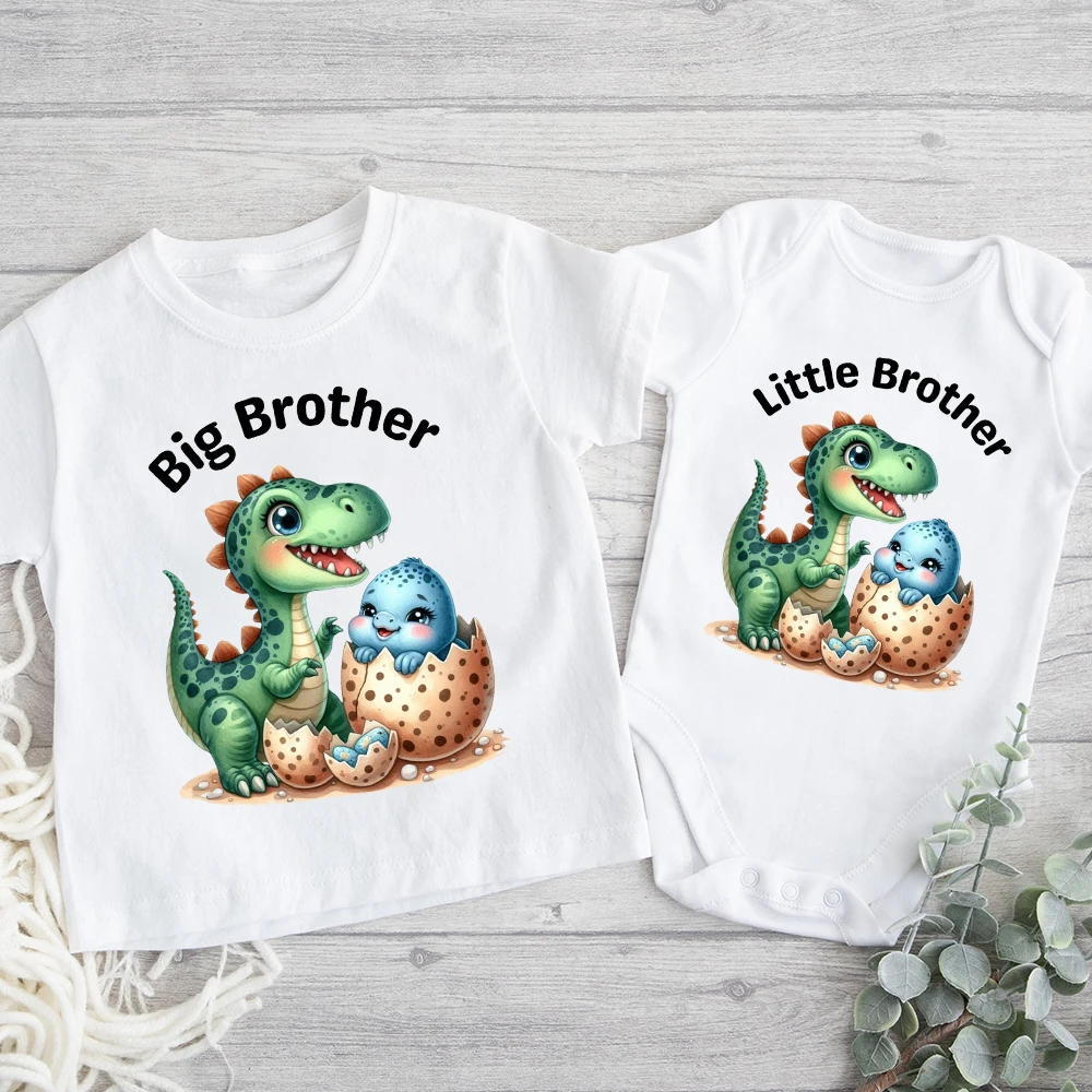 Big Brother Little Brother Dinosaur Print Family Shirts Sibling Matching Clothes Kids Short Sleeve T-shirt Baby Bodysuit Romper