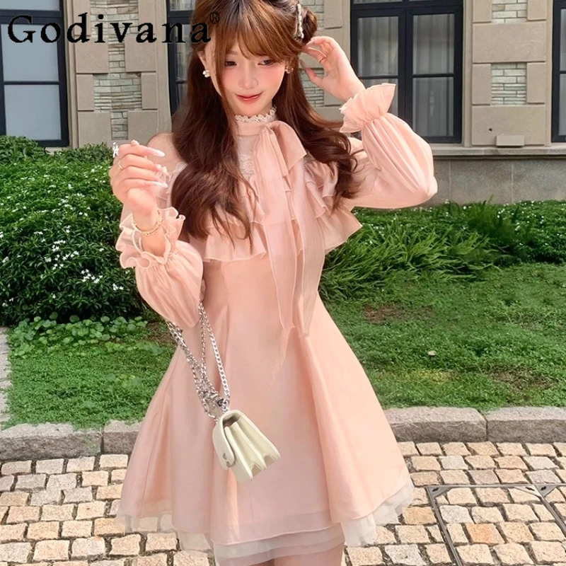 Fora do ombro renda malha retalhos vestido início do outono feminino claro suave multi camada plissado vestido meninas cintura vestido curto