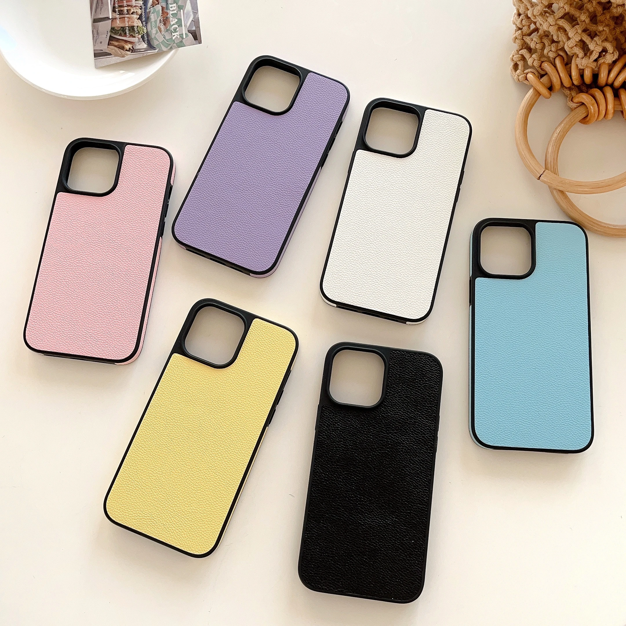 Candy Color INS Lychee Grain Leather Full Coverage Chic Case for iPhone 15 14 13 Pro Max Back Phone Cover for 12 11 Pro Max Capa