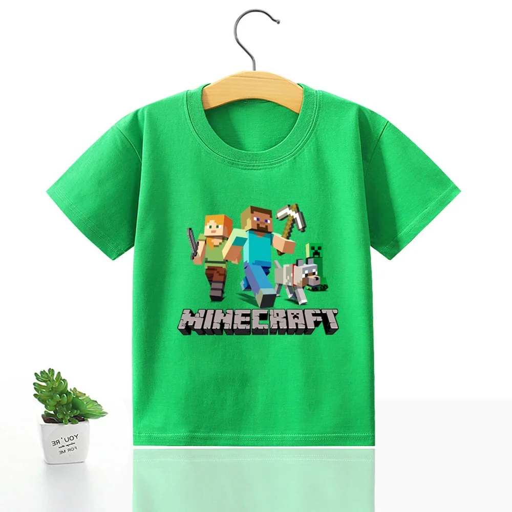 Camiseta de Miner Crafting Pixel para niños y niñas, Camisetas estampadas Kawaii, Tops de algodón 100%, regalos de cumpleaños de Anime de Navidad