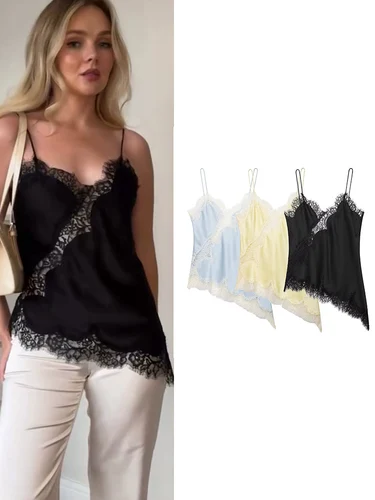 Nueva moda de verano para mujer, Top con tirantes empalmados de encaje con cuello en V, camisola informal asimétrica con espalda descubierta y tirantes para el hombro