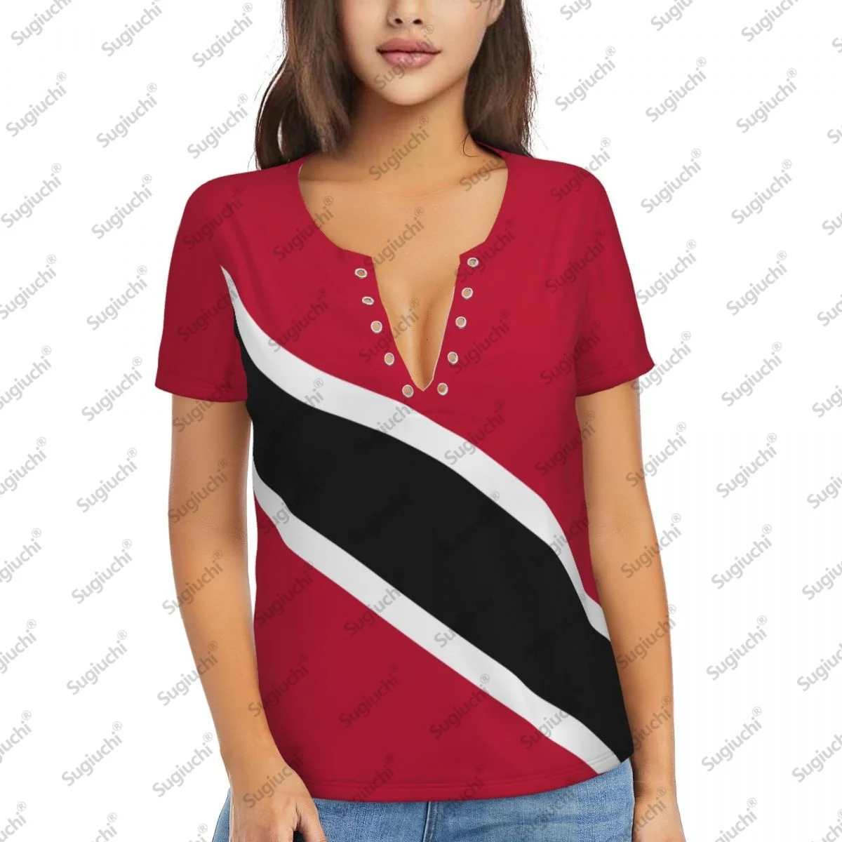 

2025 Флаг Троида и Тобаго, сексуальные женские футболки с глубоким v-образным вырезом и 3D короткими рукавами, модные футболки, женская одежда, топы, повседневная блузка для девочек, футболки