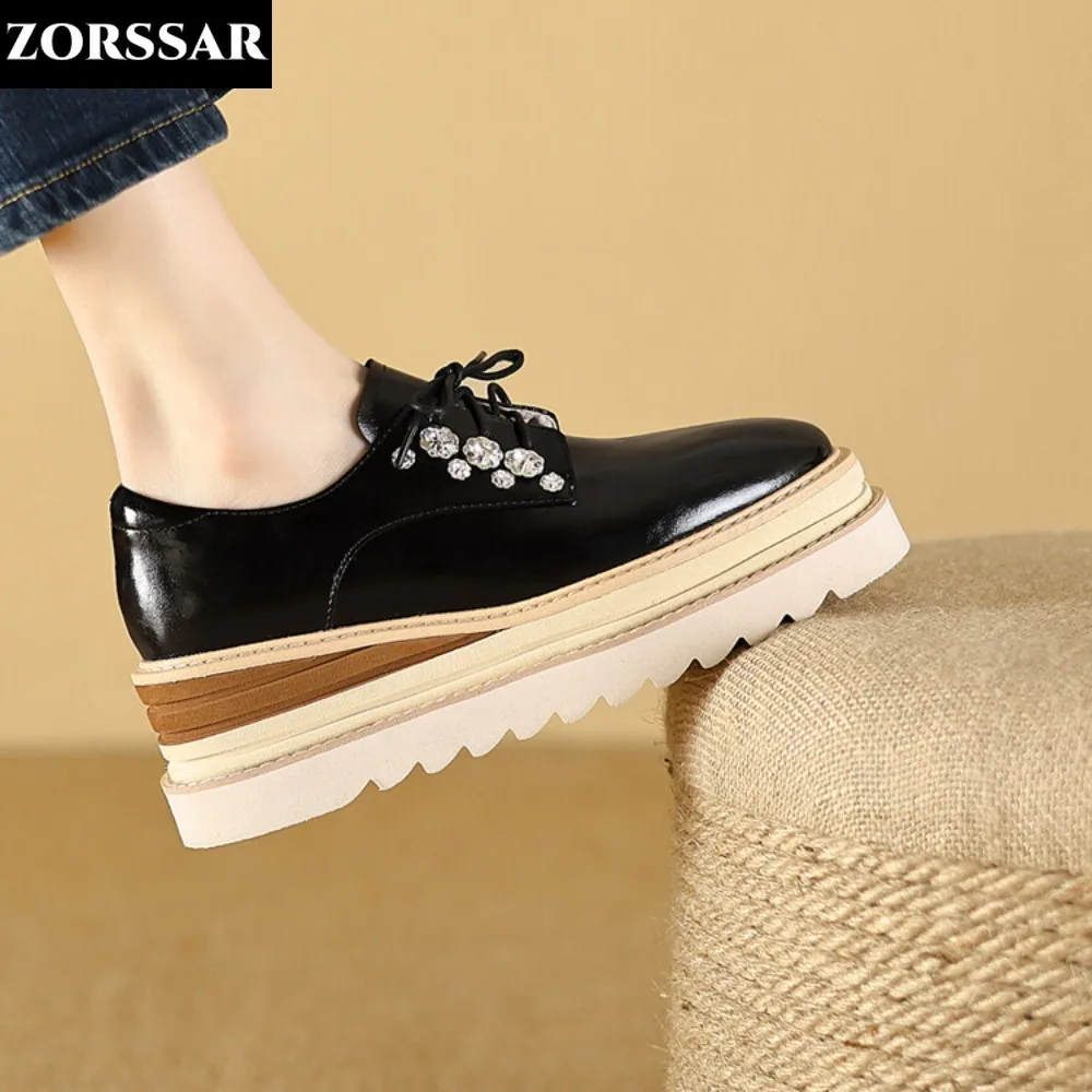 

Genuine Leather Flat Platform Shoes Woman Lace-up Thick Sole Oxford Shoes Casual Ladies Shoes Zapatos Mujer Creepers Footwear