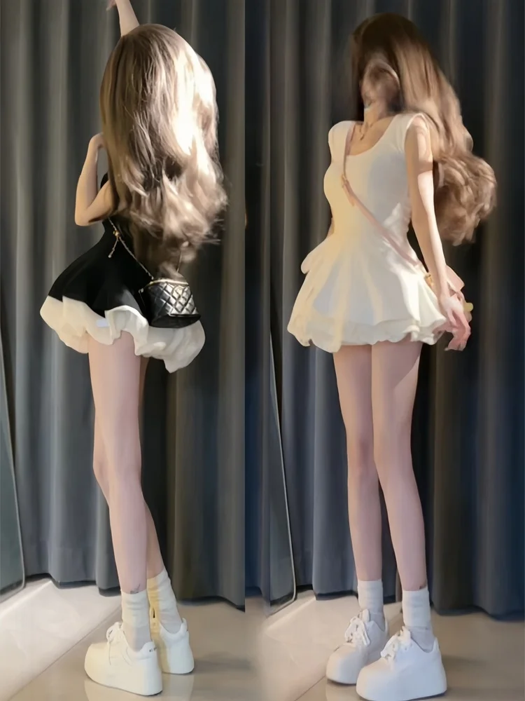 

Unique Beautiful Small Size Set Puffy Skirt Women Summer Sexy Spicy Girl Fashion Two Piece Set round Neck French Style Casual...