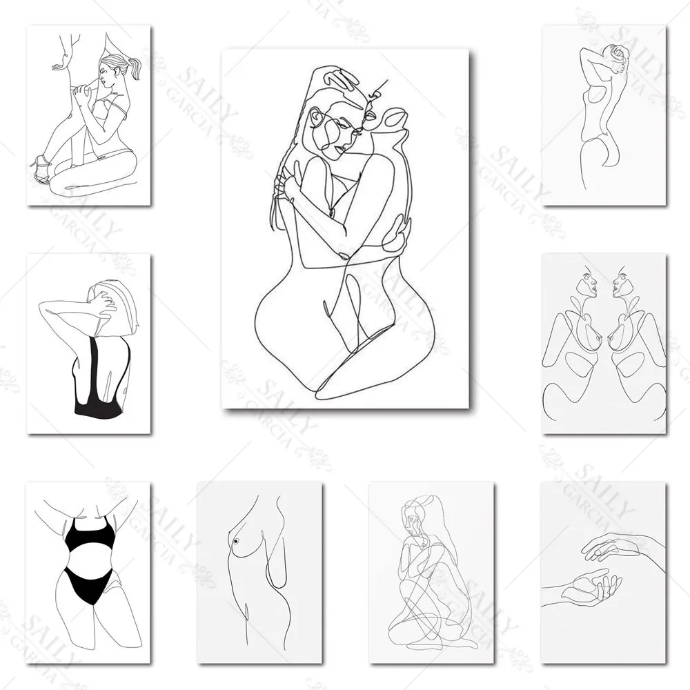 Abstract Lesbian Line Art Print Poster Sensual Hug Lovers Lgbt Gay Canvas Painting Bedroom Decor Wall Picture for Living Room