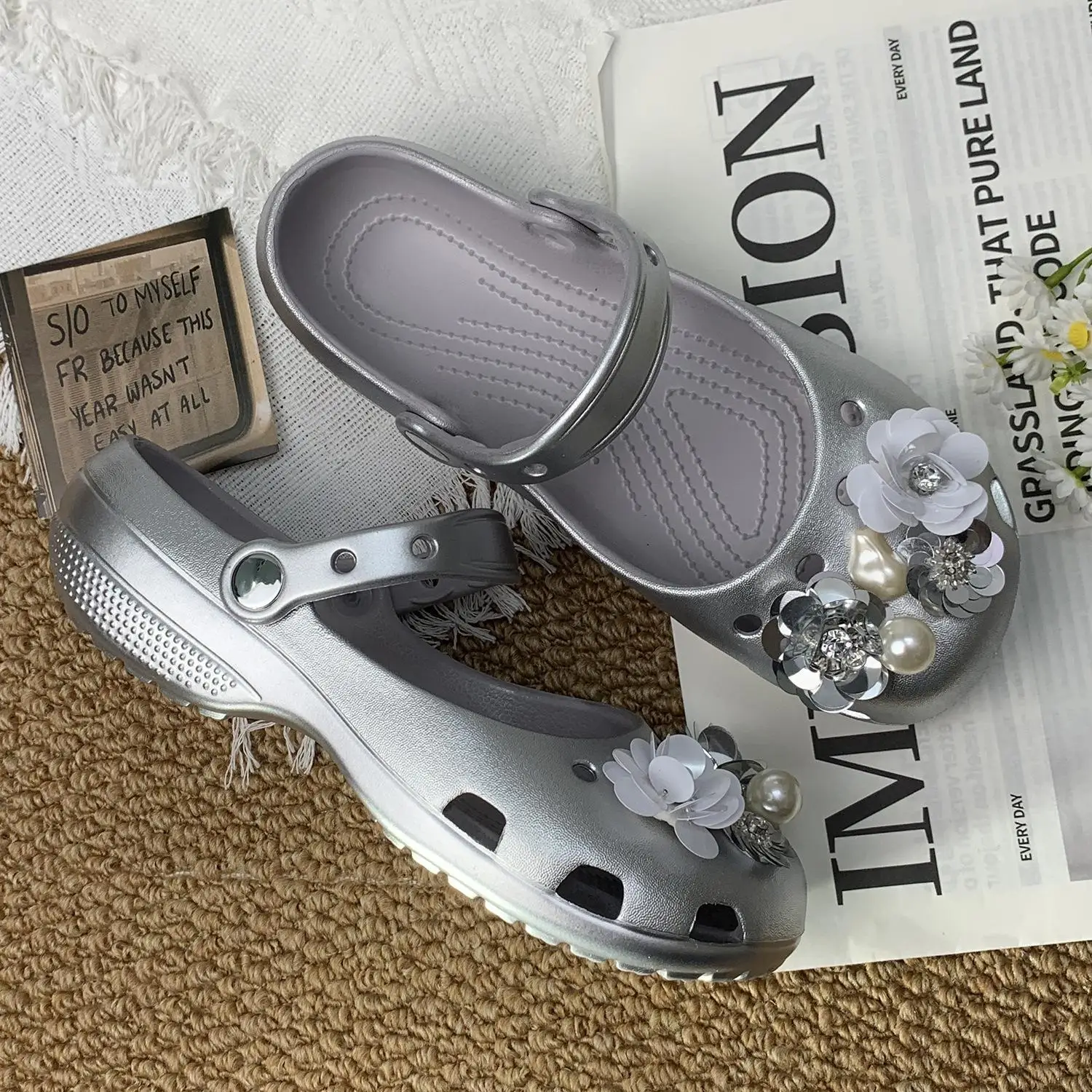 

Silver ballet hole shoes women's slippers summer sandals bag head sandals high sense