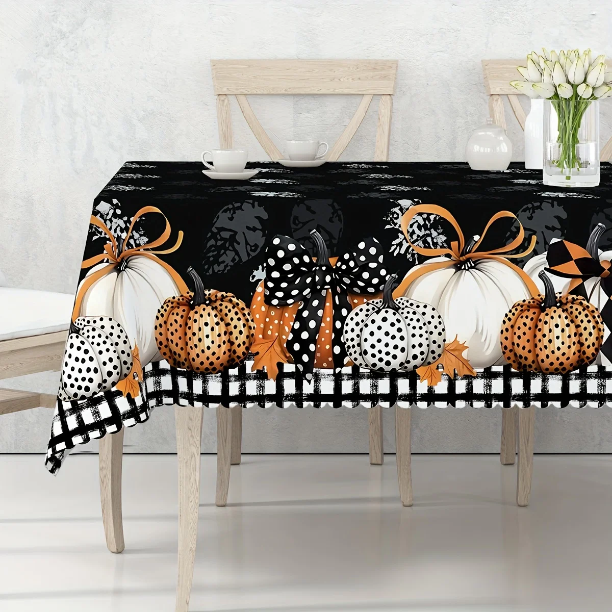 1 piece, black and white checkered polka dot pumpkin tablecloth, with a rural & farmhouse themezyc