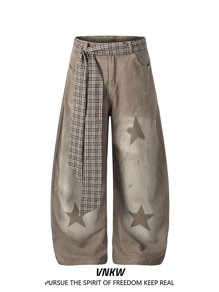 

Retro American Star Weathered Belted Knife Work Pants Loose Wide Leg Street Dance Casual Trousers for Men And Women