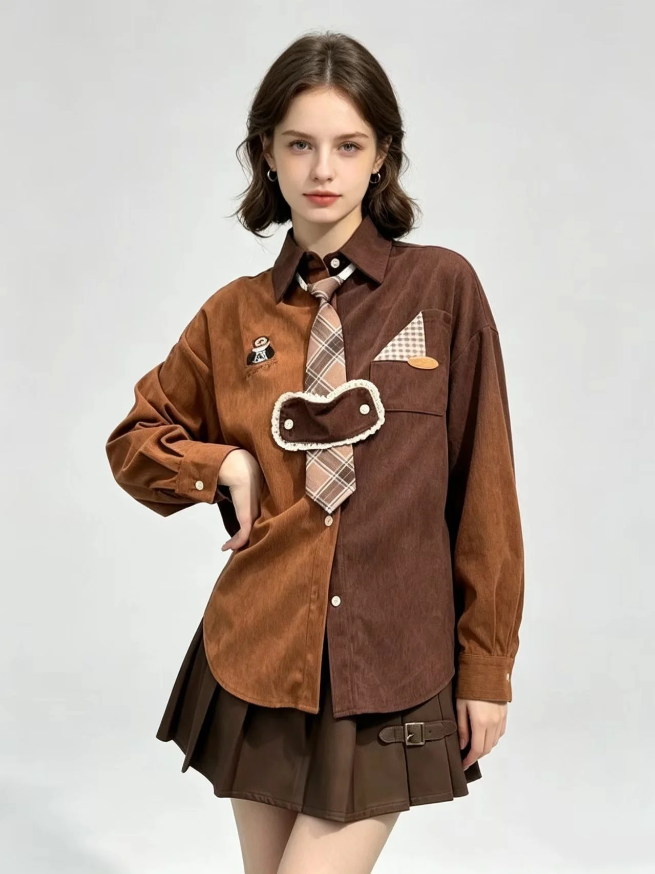 Women Pink Patchwork Shirts and Blouses Korean 2000s Harajuku 90s Vintage Elegant Streetwear Long Sleeve Two-tone Shirt Clothes