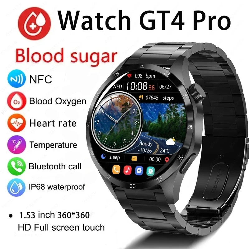 2024 New GT4 Pro GPS Smart Watches Men AMOLED HD Screen Bluetooth Call NFC IP68 Waterproof Watches Blood Sugar Smartwatch Woman