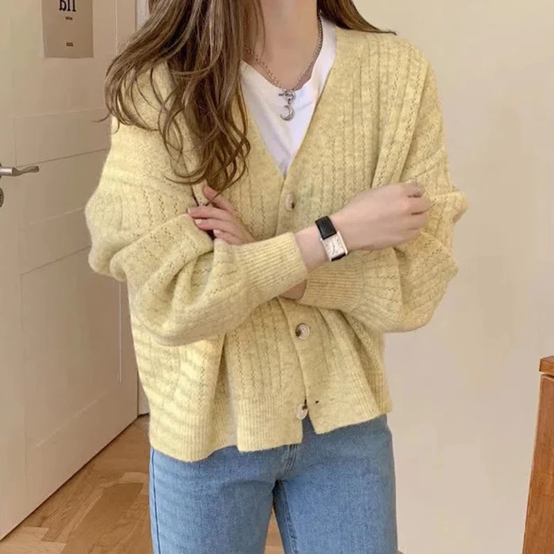 Rimocy Korean Style Solid Color Women's Cardigan 2024 V Neck Single Breasted Sweater Woman Long Sleeve Knitted Cardigans Female