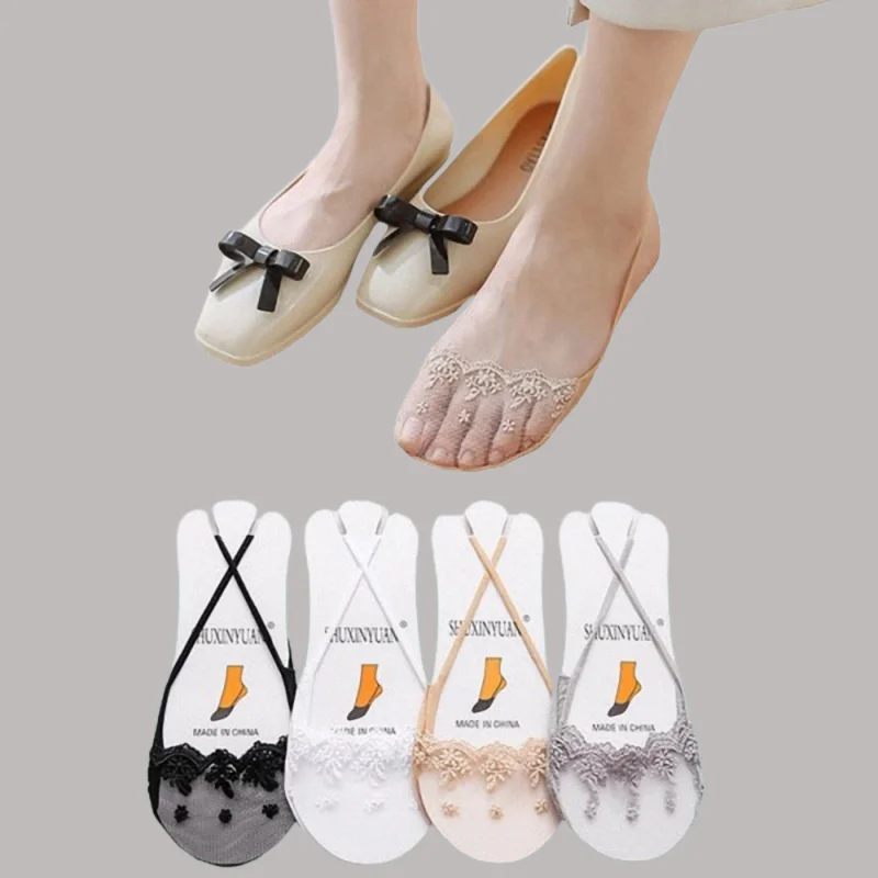 

5/10 Pairs Summer High Heels Shallow Invisible Boat Socks Half Palm Suspender Lace Casual Socks Ladies Hollow Anti-slip Socks