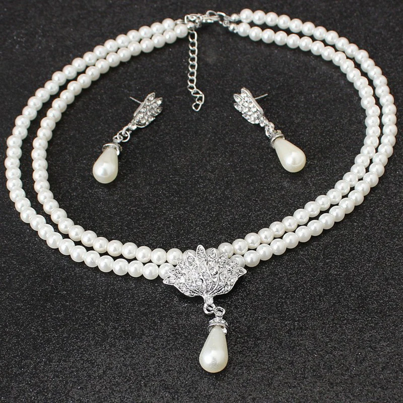 Elegant Simulated-pearl Bridal Jewelry Sets Rhinestone Pearl Necklace+Earrings Pearl Elegant Decoration Pendientes Gifts