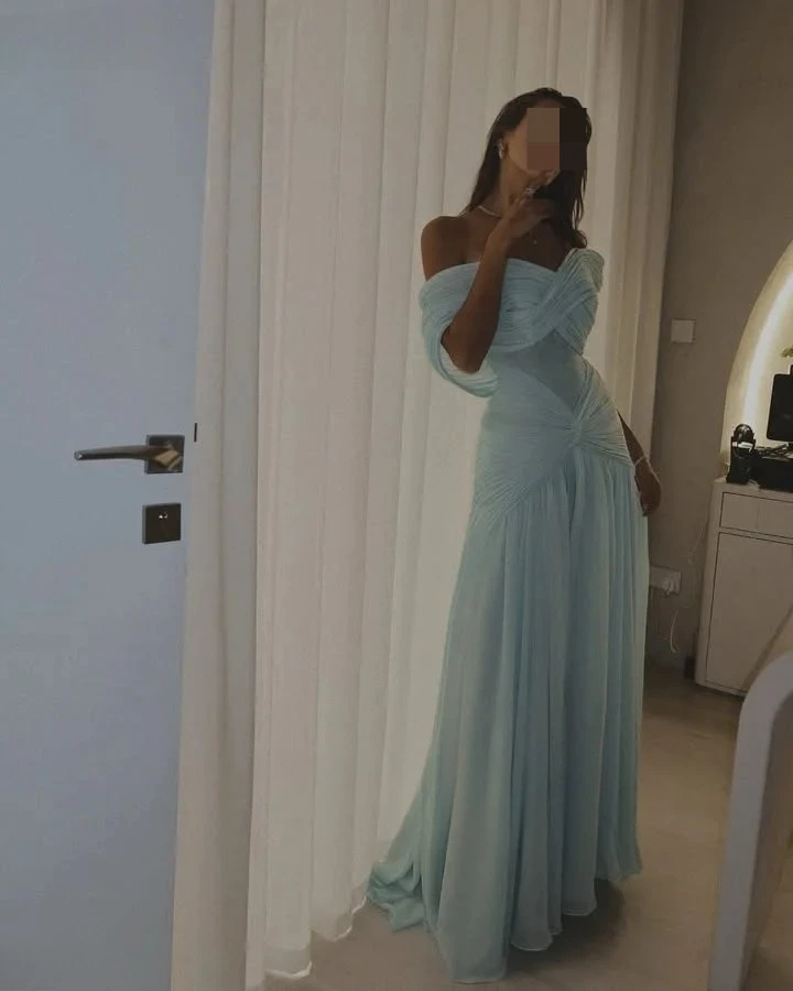 Verngo Blue Chiffon Evening Dress Off The Shoulder Mermaid Formal Occasion Dress Saudi Arabia Prom Gowns Customized image 3