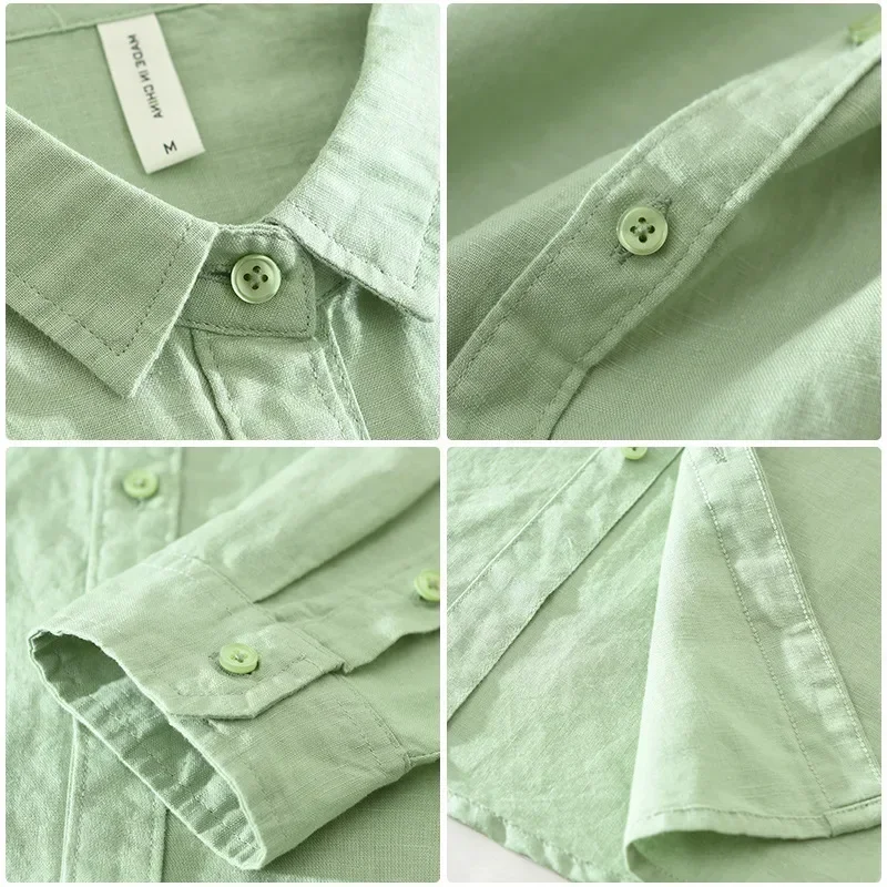 

Свежие зеленые рубашки, мужские весенне-летние повседневные рубашки с длинными рукавами, мужская дышащая хлопковая льняная рубашка с лацканами, простая одежда