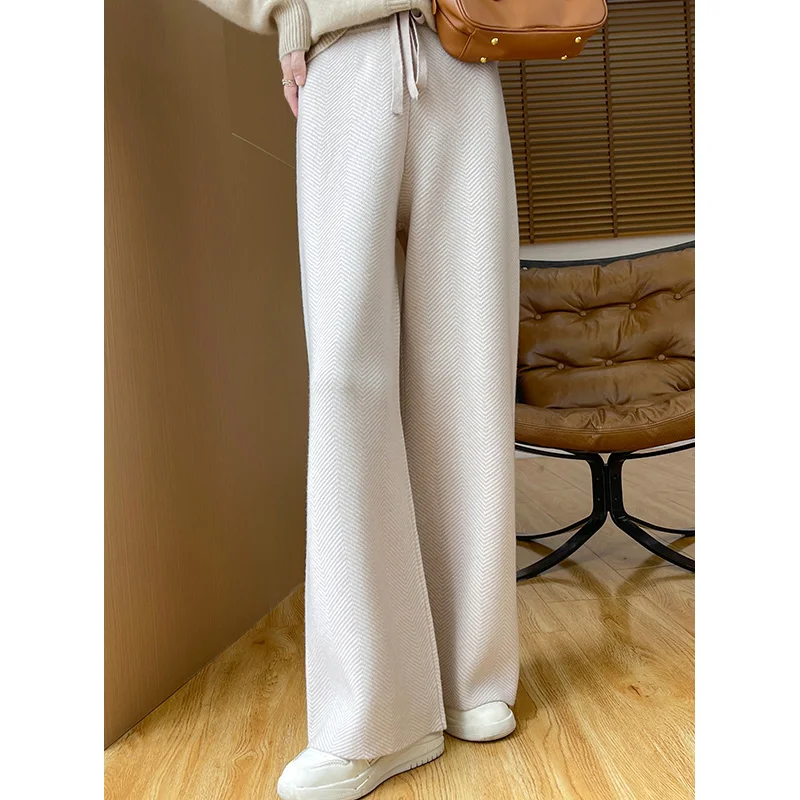 Hot selling  women's 100% wool wide leg pants, solid color computer knitted, autumn and winter versatile women's long wool pants