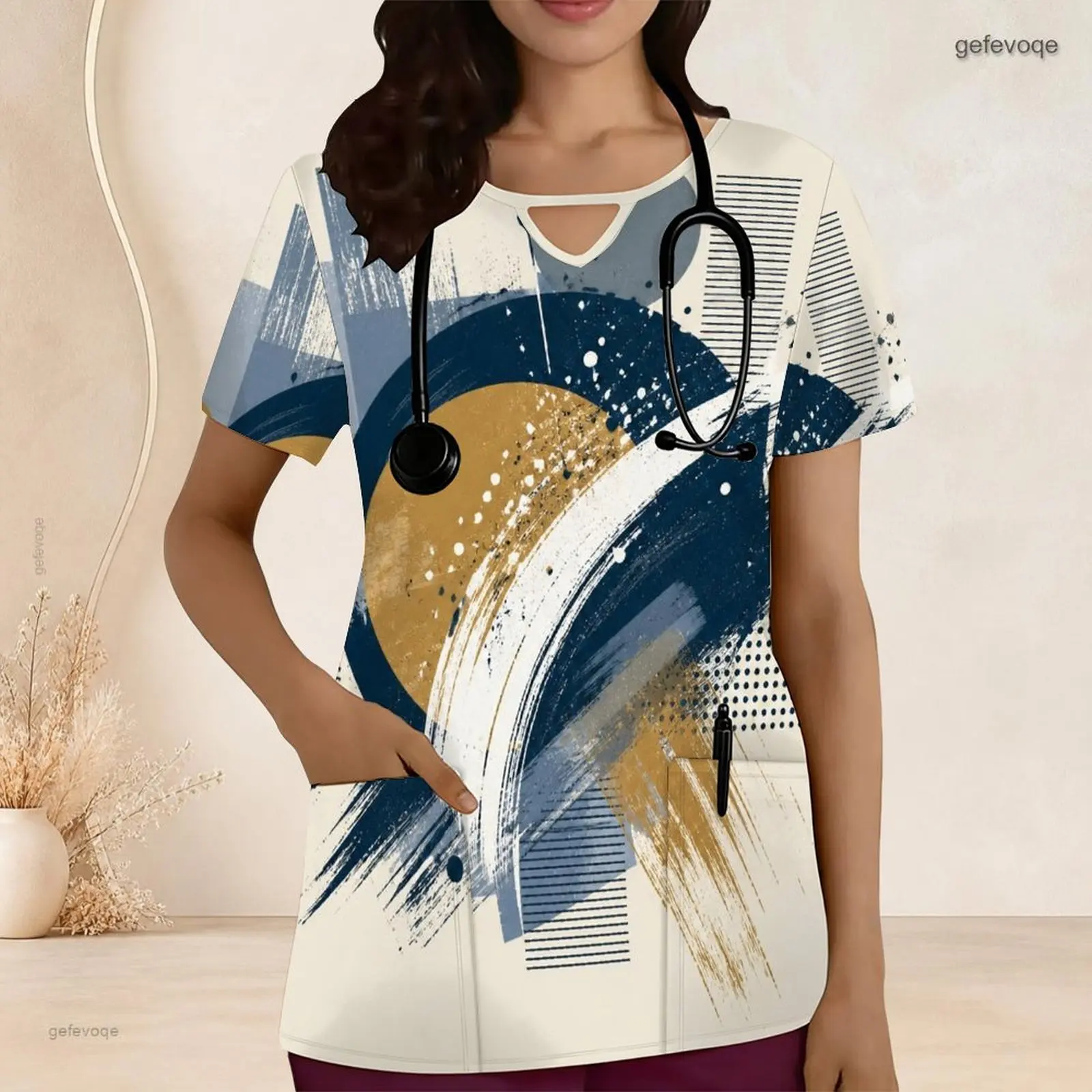 Women Keyhole Neck Short Sleeve Front Pockets Printed Scrub Top