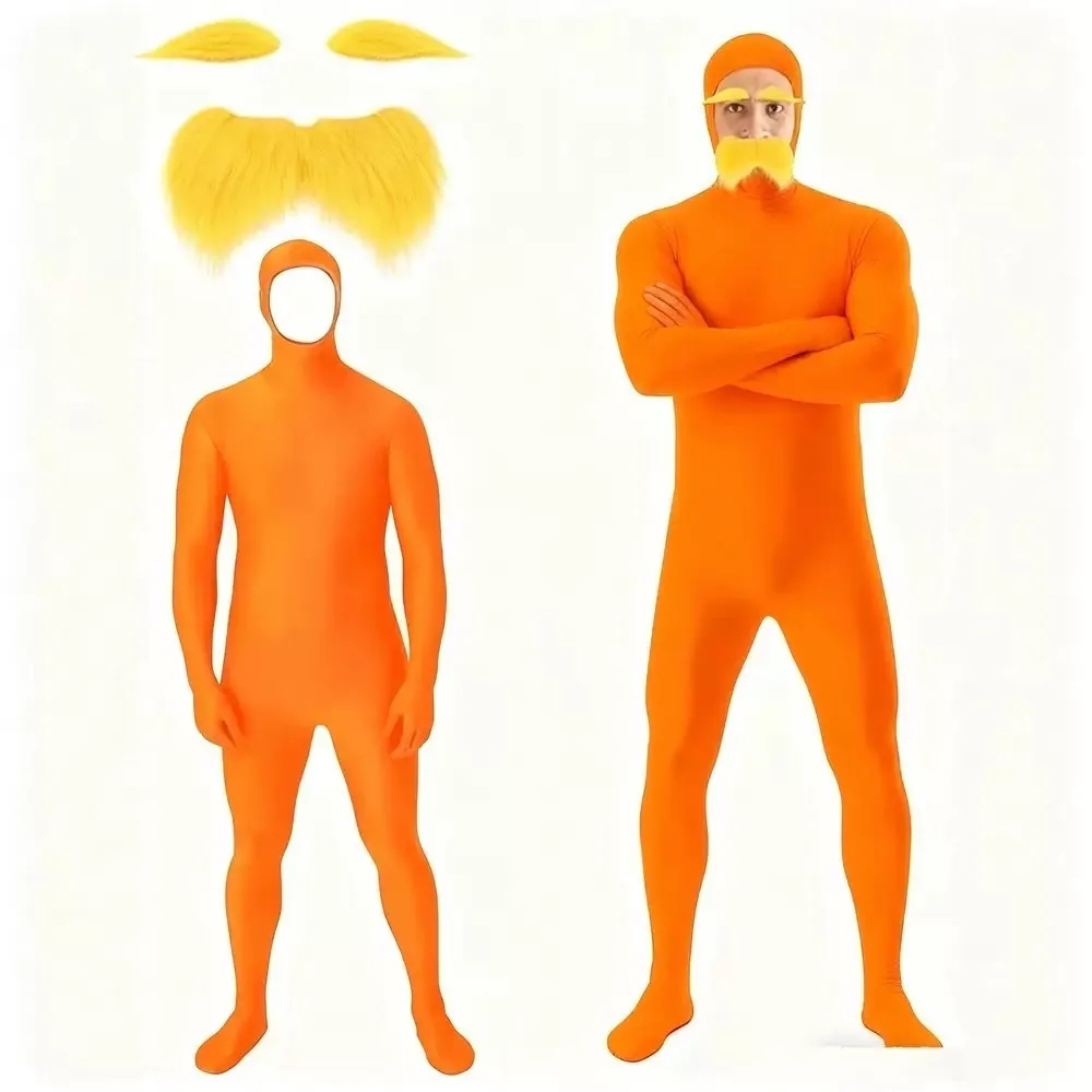 Image of Halloween-Party-Jumpsuit, lustiges orangefarbenes Kostüm, gelber Schnurrbart und Augenbrauen, orangefarbener Bodysuit, Maskerade-Outfits für Erwachsene