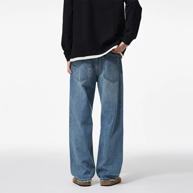 Hksh primavera outono novos homens na moda em linha reta casual elegante jeans chique diário vintage perna larga solta simples calças jeans ins hk11429