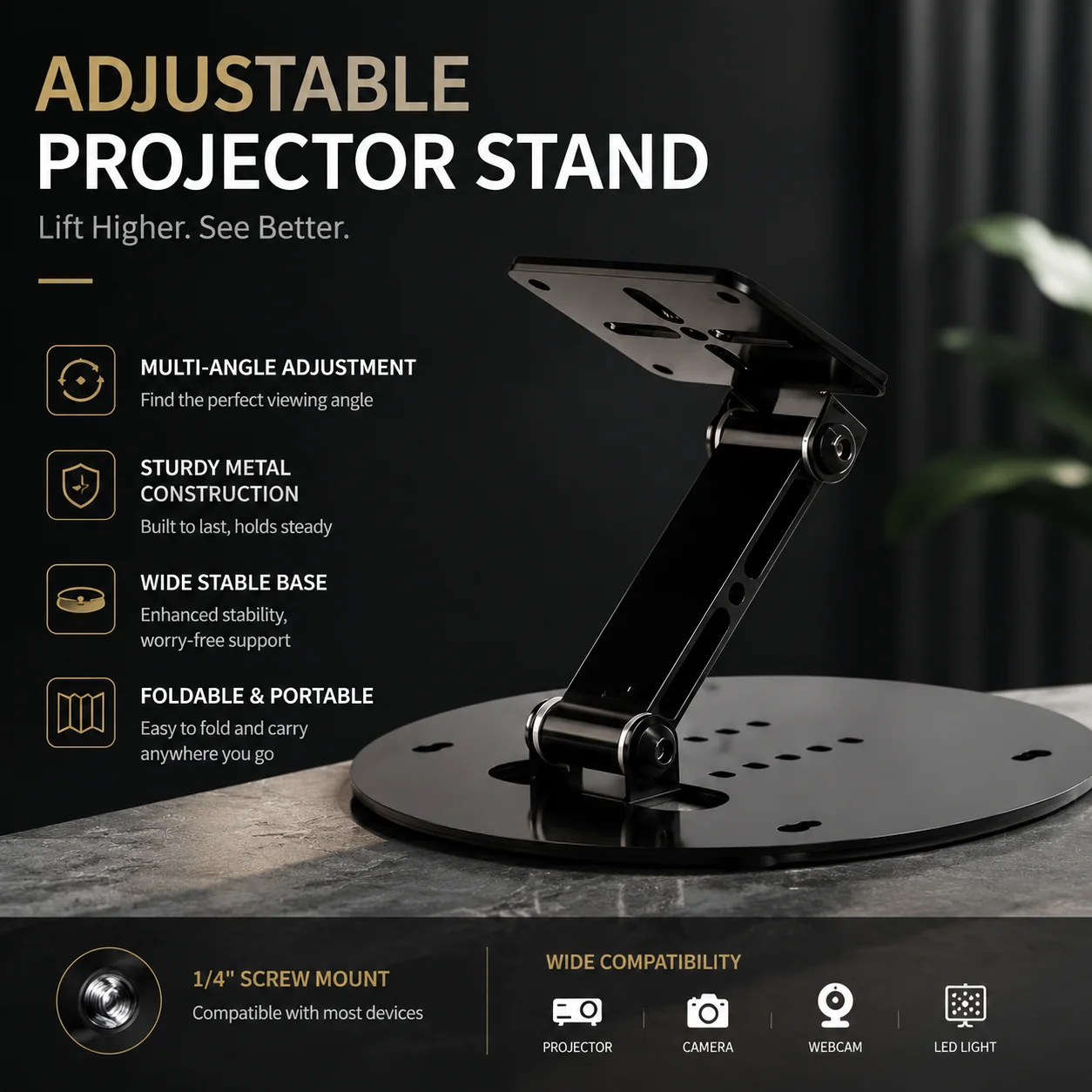 Adjustable Projector Stand Desktop Metal Stand 1/4 Screw Interface Foldable Portable Projector Stand Multi-Angle Adjustment
