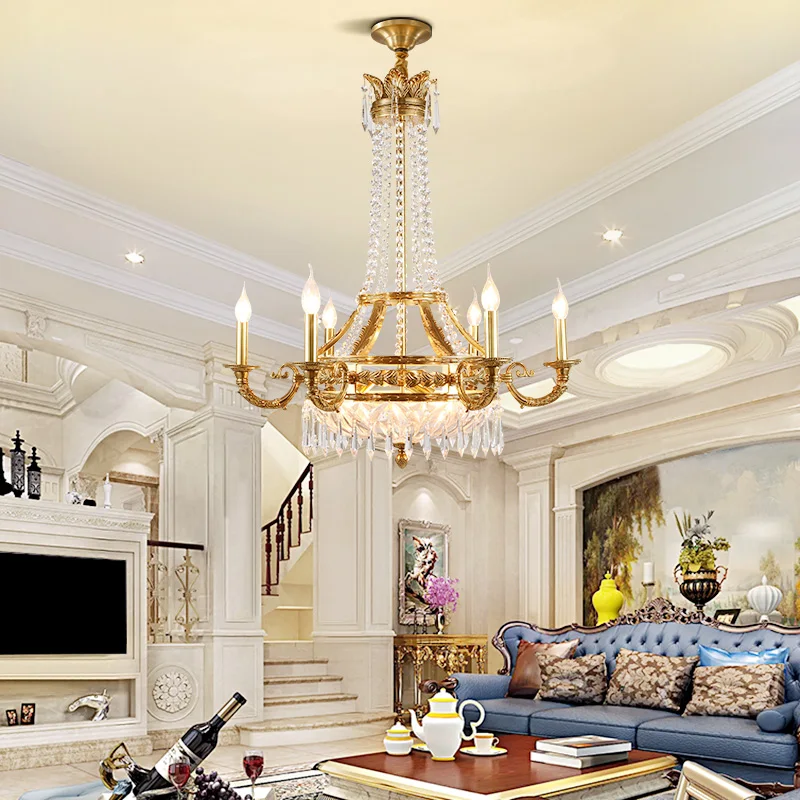 French Empire Candle Copper Chandelier Living Room Villa Duplex Pendant Lamp European Brass Crystal Suspension Chandelier