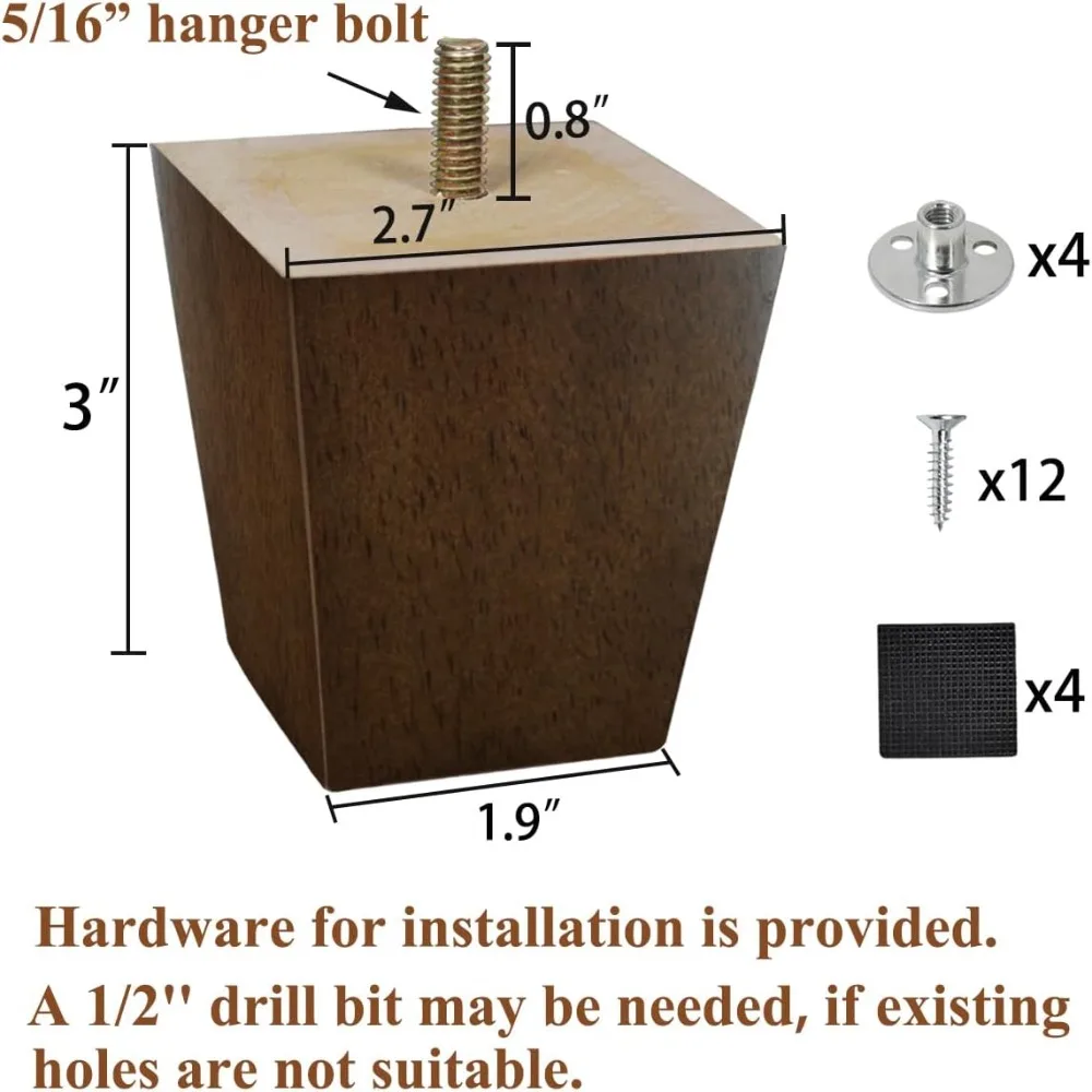 أرجل قطع الأثاث الخشبي 3 بوصة أرجل أريكة حزمة من 4 أرجل أريكة مربعة بني منتصف القرن أرجل بديلة حديثة للكرسي بذراعين