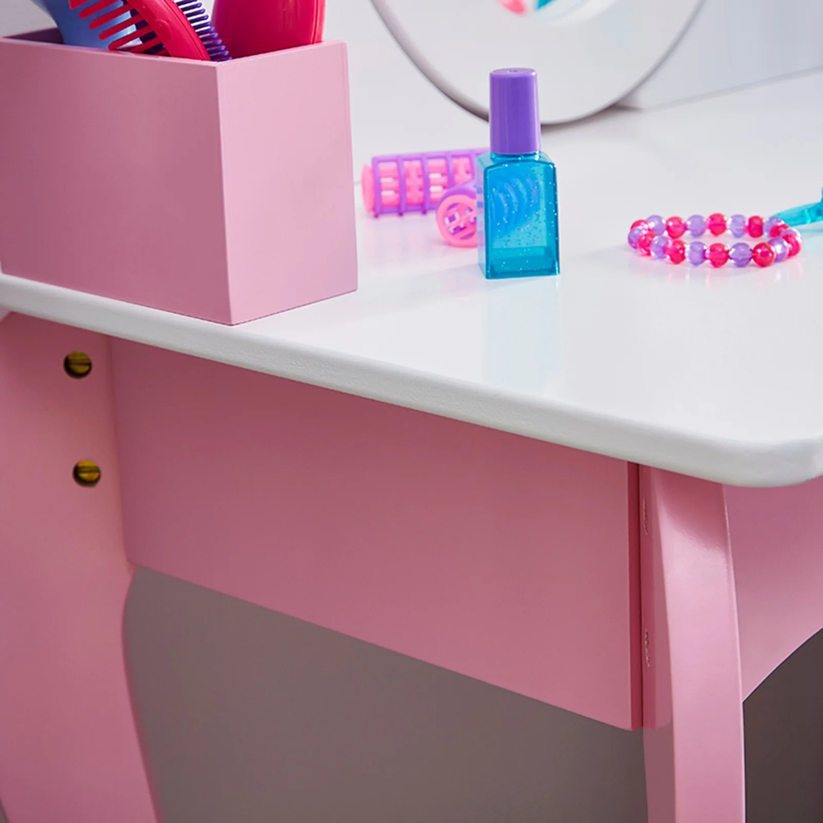 مجموعة طاولة وكرسي للأطفال من فانيتي للفتيات، أدوات تزيين المكياج للفتيات، طاولة الأميرة مع مرآة ومقعد