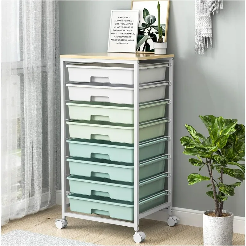 Rolling Storage Cart with Drawers, Utility Cart With 8 Drawers and Wooden Tabletop, Rolling Drawer Cart, Storage Drawer Cart