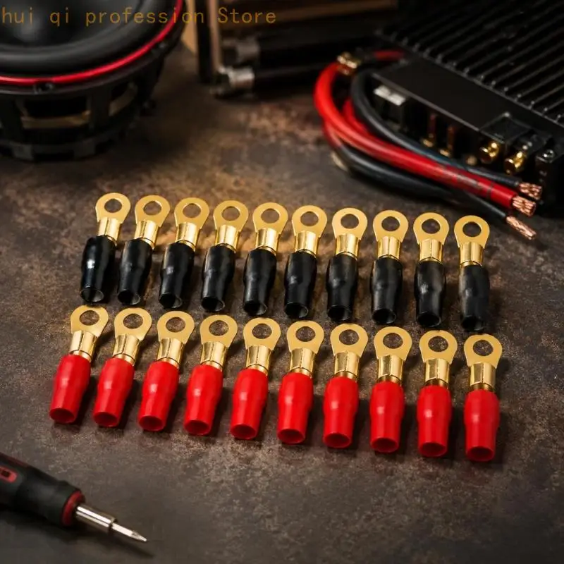 Ösenklemmen für Autoradio-Stromkabel für 4-AWG-Kabel, 20 Messingteile mit separaten roten und schwarzen Schutzhüllen für H8WE – Detail 3