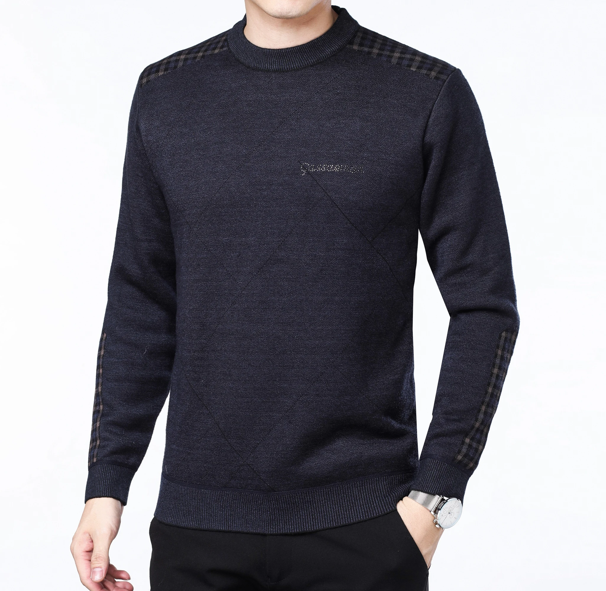 Men\'s Autumn Winter Casual Color Block Crew Neck Knit Sweater, High Stretch Knit Fabric Pullover