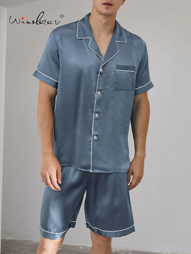 

Winsleter-19 MM 100%Real Silk Men Pajama Set, Short Sleeve Solid, Comfortable Luxurious Sleep Homewear, 2026 Summer New S64348CC