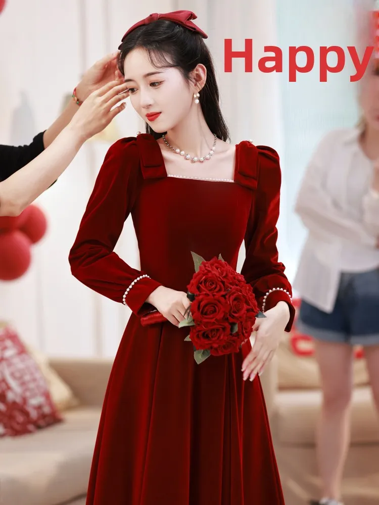 

Ele Wedding Dr 2025 New Sle Sweet mid Waist a Line Skirt Long Sve mid Length Pure Color Cotail Dr for Engage...